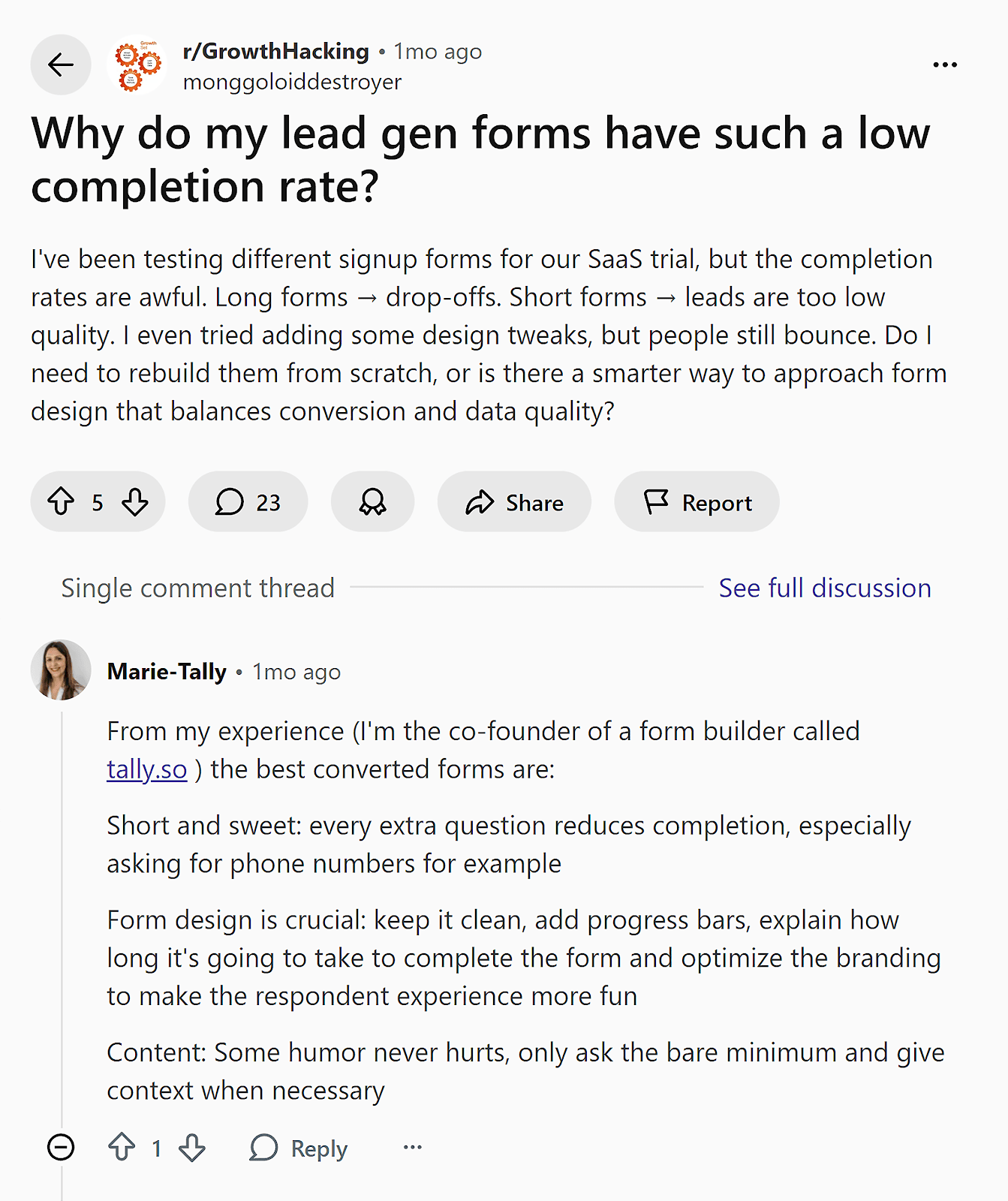 Reddit thread – Lead gen forms