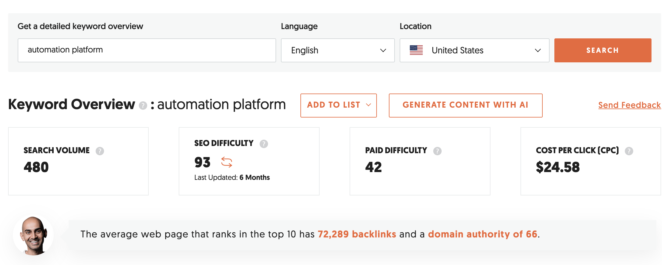 Ubersuggest에서 제공하는 'automation platform' 키워드 검색량